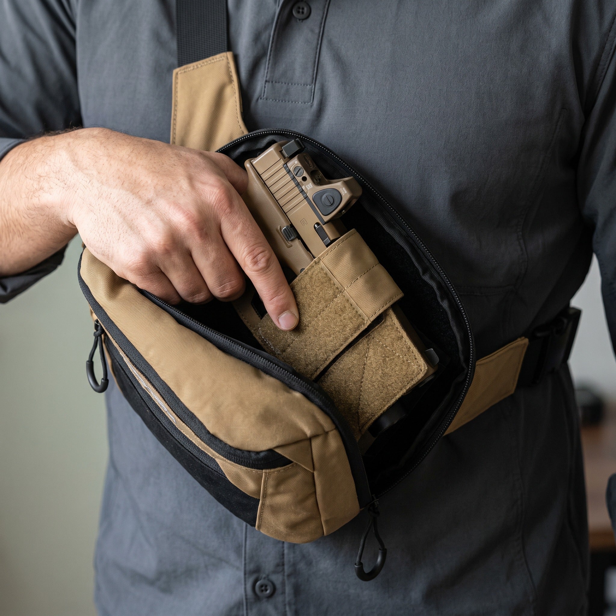 Independent rear compartment of the ARMOTECH EDC Bag while worn crossbody