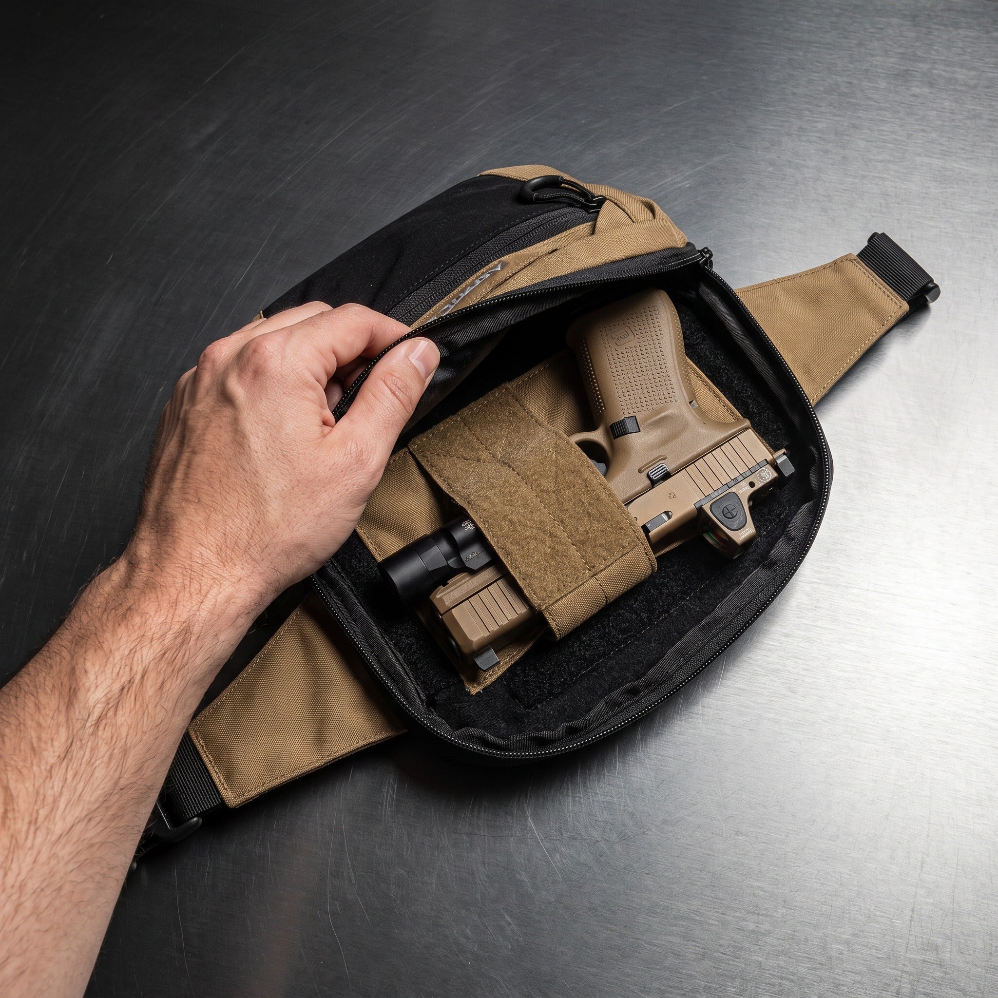Close view of the independent rear compartment of the Desert Tan ARMOTECH EDC Bag