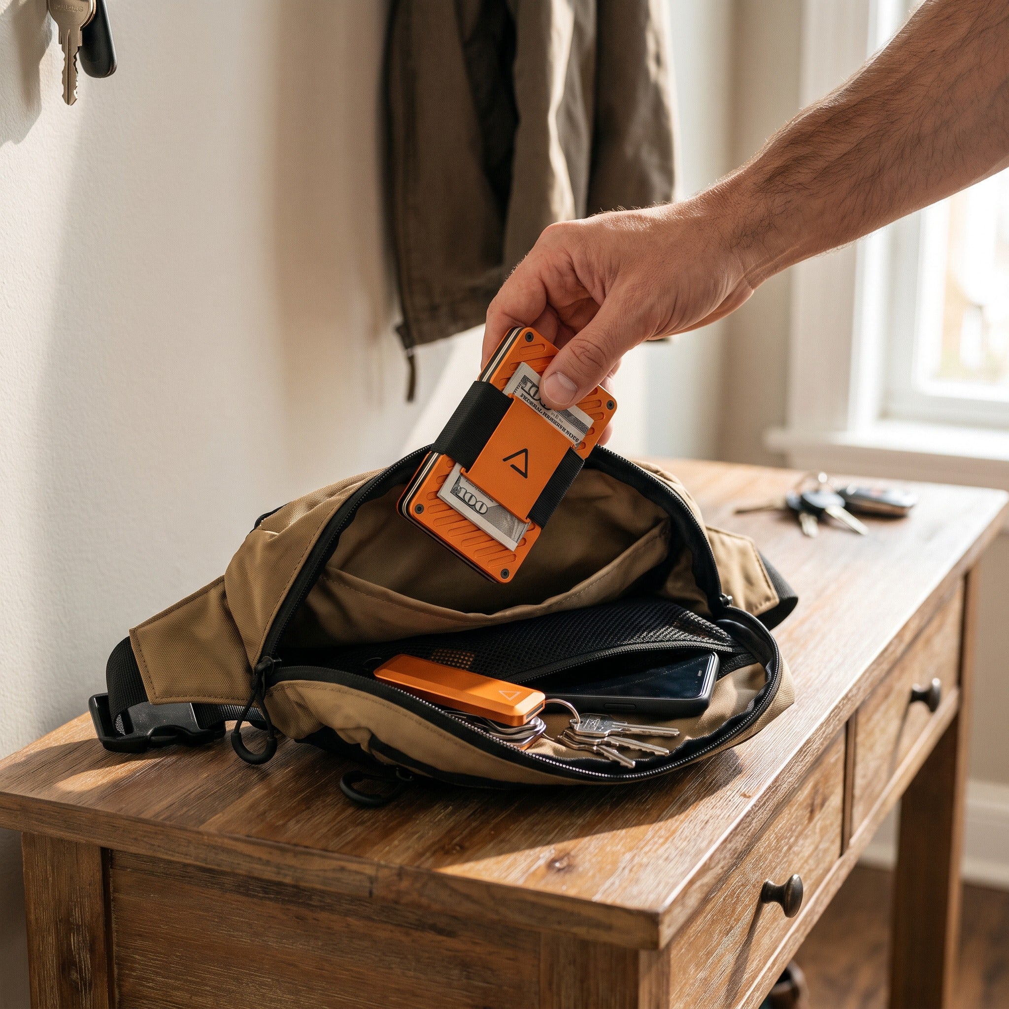 Packing an orange wallet beside a phone and keys in the Desert Tan ARMOTECH EDC Bag before heading out