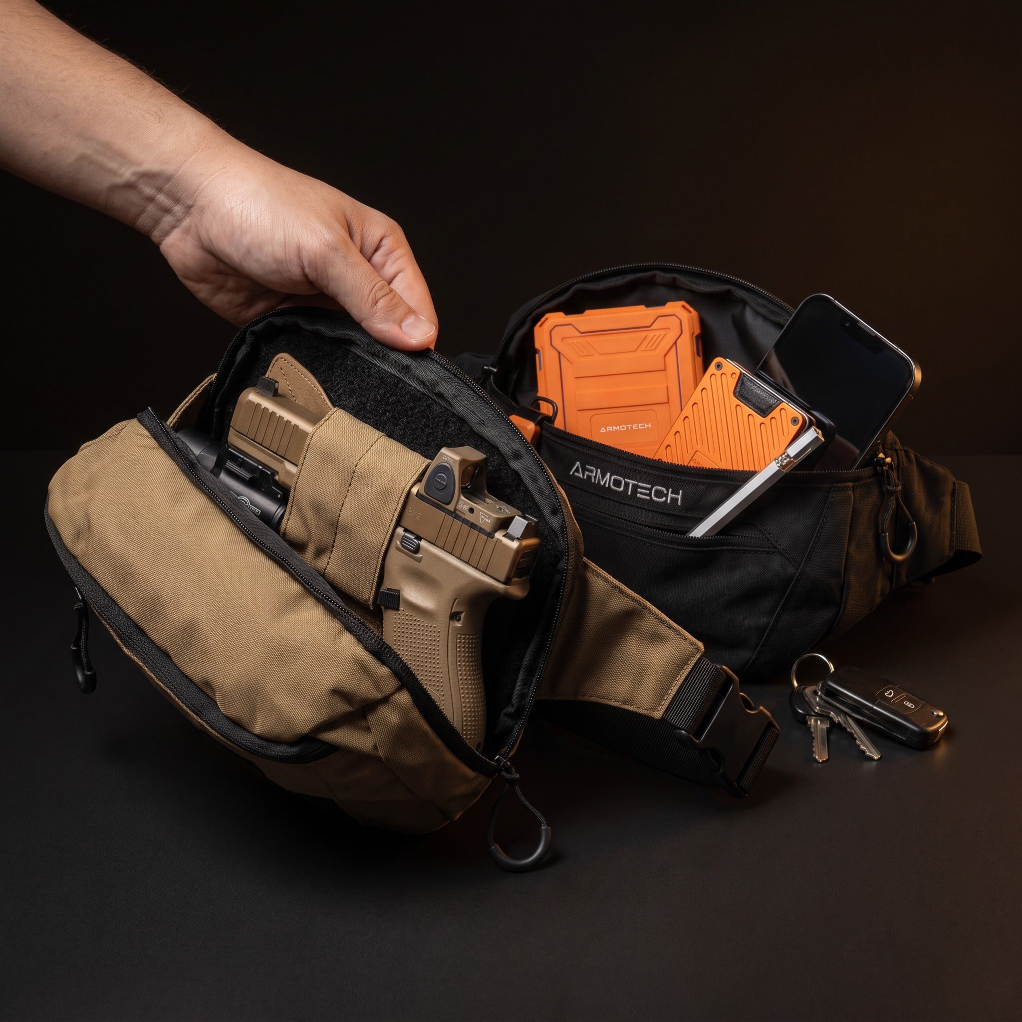 ARMOTECH EDC Bags in Desert Tan and Midnight Black with everyday essentials and a separate rear setup