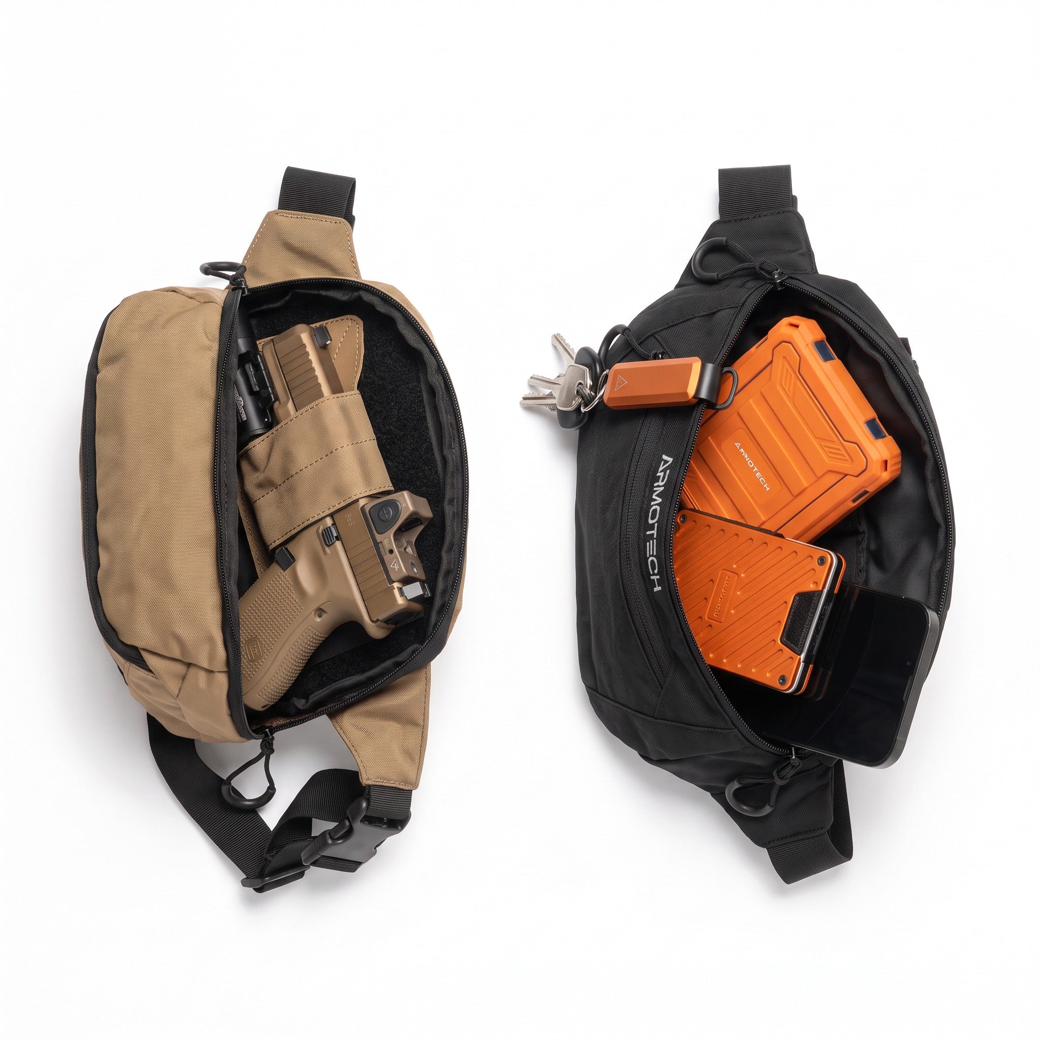Desert Tan and Midnight Black ARMOTECH EDC Bags side by side