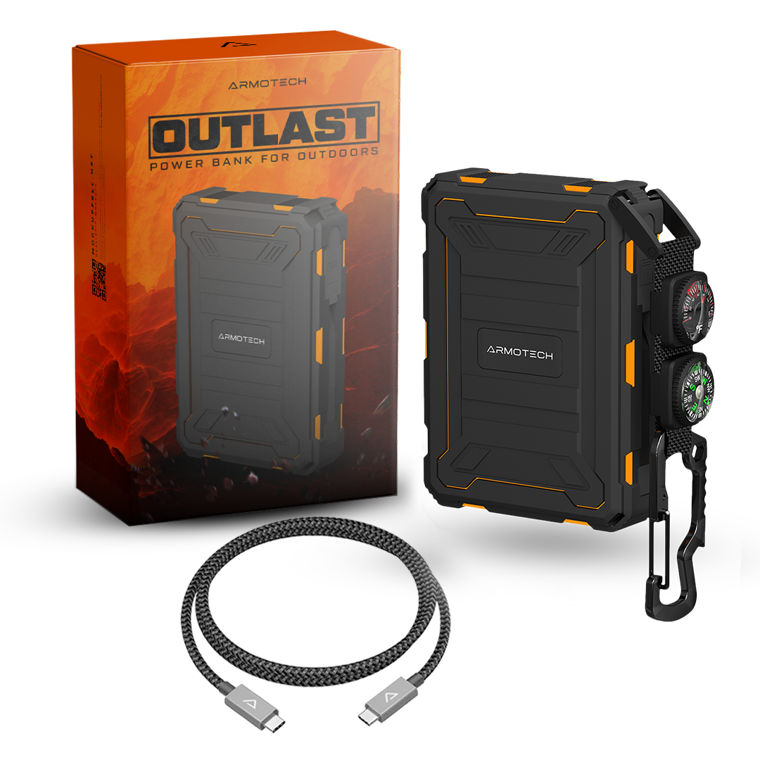 Armotech Outlast Power Bank package and included rugged accessories